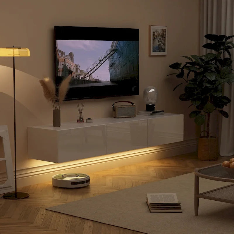 Meuble TV flottant mural avec lumières LED, noir et blanc brillant