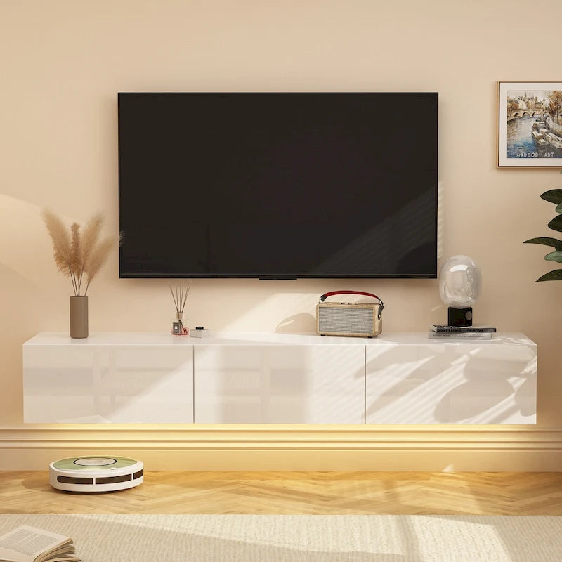 Meuble TV flottant mural avec lumières LED, noir et blanc brillant
