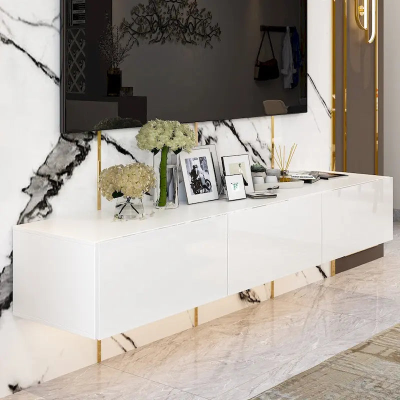 Meuble TV flottant mural avec lumières LED, noir et blanc brillant