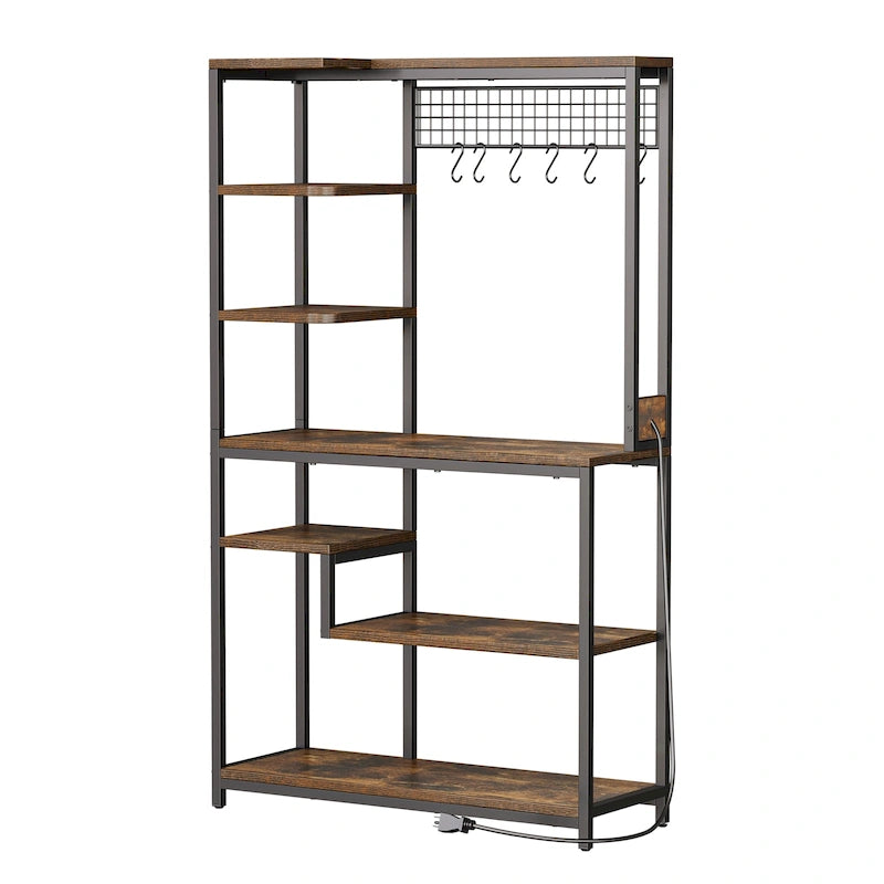 Étagère de cuisine style industriel marron avec prise de courant et étagères de rangement