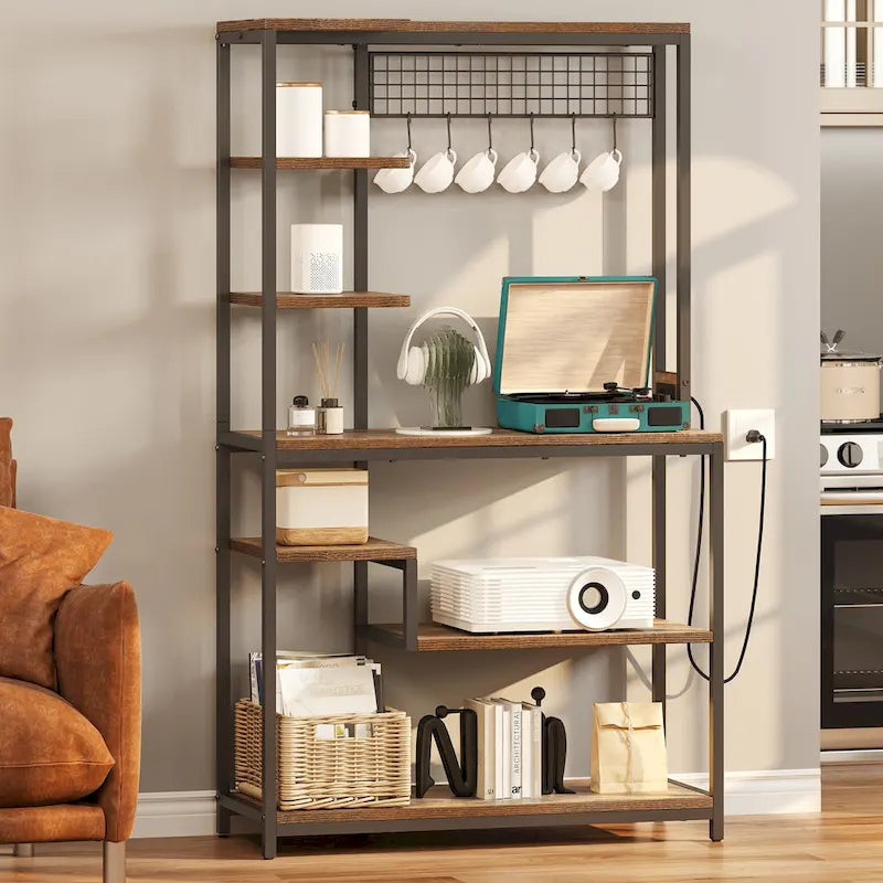 Étagère de cuisine style industriel marron avec prise de courant et étagères de rangement