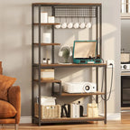 Étagère de cuisine style industriel marron avec prise de courant et étagères de rangement