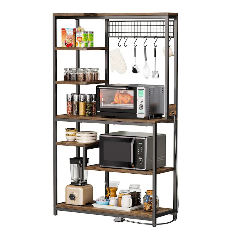 Étagère de cuisine style industriel marron avec prise de courant et étagères de rangement