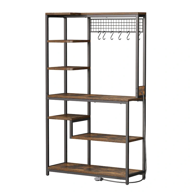 Étagère de cuisine style industriel marron avec prise de courant et étagères de rangement