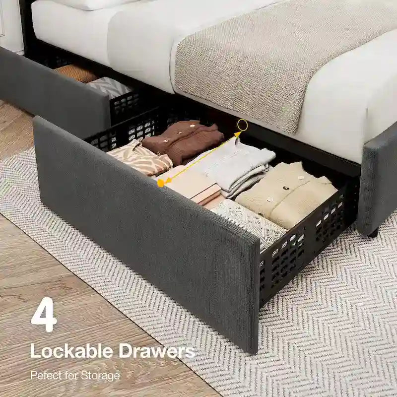 Cadre de lit plateforme tapissé avec tiroirs de rangement Tête de lit réglable Gris foncé
