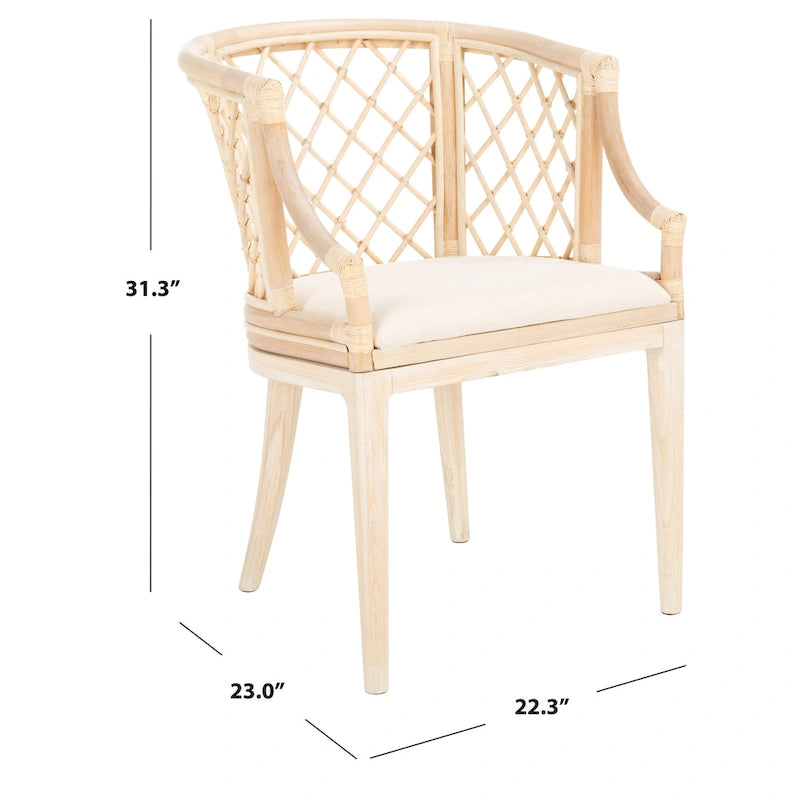 Fauteuil en rotin tressé avec coussin blanc, finition lavis naturel
