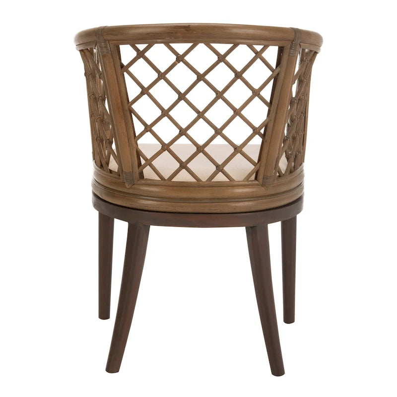 Fauteuil en rotin tressé avec coussin blanc, finition lavis naturel