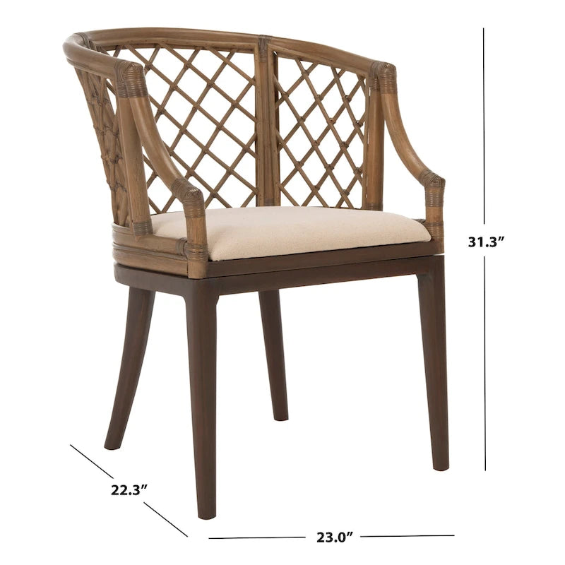 Fauteuil en rotin tressé avec coussin blanc, finition lavis naturel