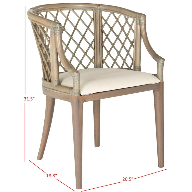 Fauteuil en rotin tressé avec coussin blanc, finition lavis naturel