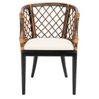 Fauteuil en rotin tressé avec coussin blanc, finition lavis naturel