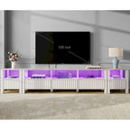 Meuble TV blanc cannelé en bois avec plateau à motif de pierre et lumière LED RGB