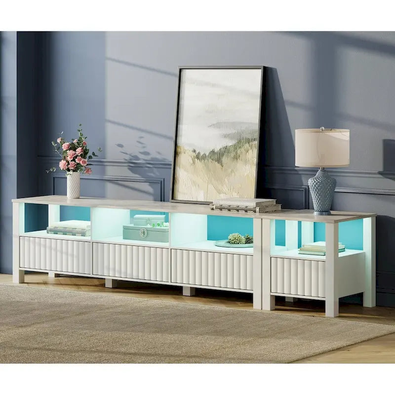 Meuble TV blanc cannelé en bois avec plateau à motif de pierre et lumière LED RGB