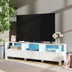 Meuble TV blanc cannelé en bois avec plateau à motif de pierre et lumière LED RGB