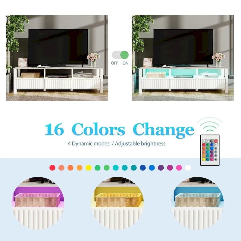 Meuble TV blanc cannelé en bois avec plateau à motif de pierre et lumière LED RGB