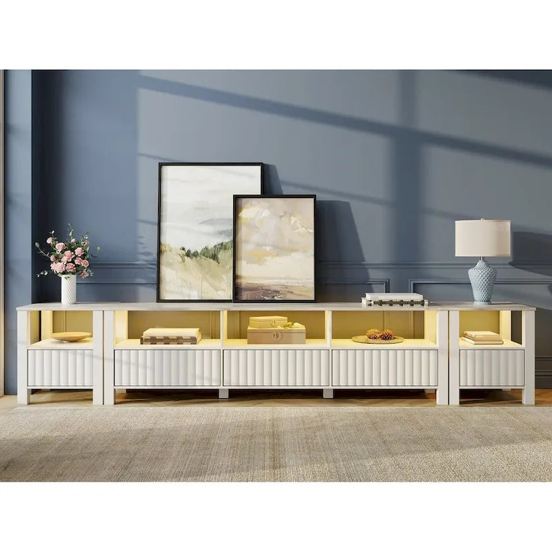 Meuble TV blanc cannelé en bois avec plateau à motif de pierre et lumière LED RGB