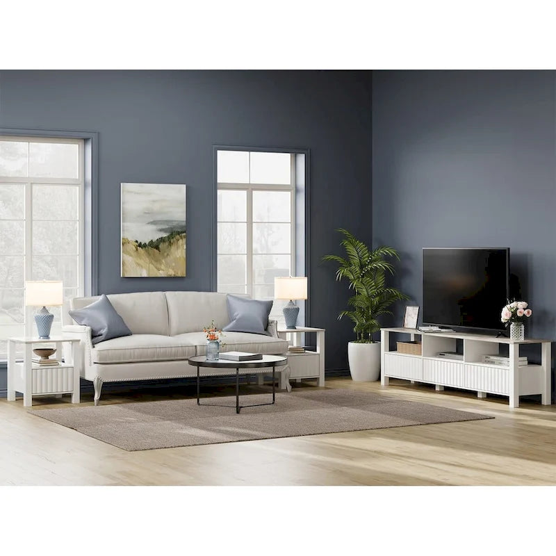 Meuble TV blanc cannelé en bois avec plateau à motif de pierre et lumière LED RGB