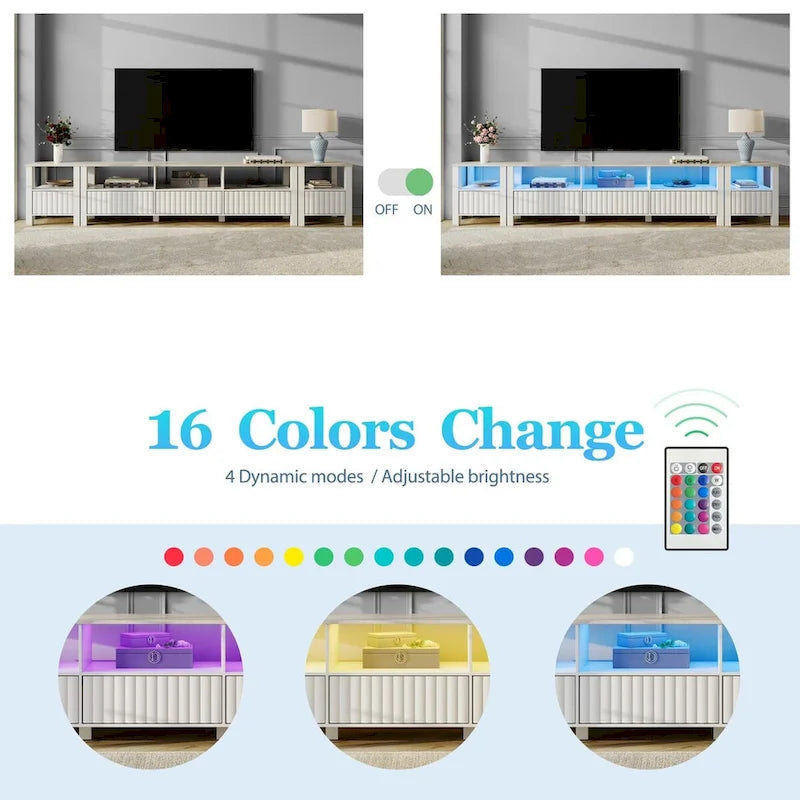 Meuble TV blanc cannelé en bois avec plateau à motif de pierre et lumière LED RGB
