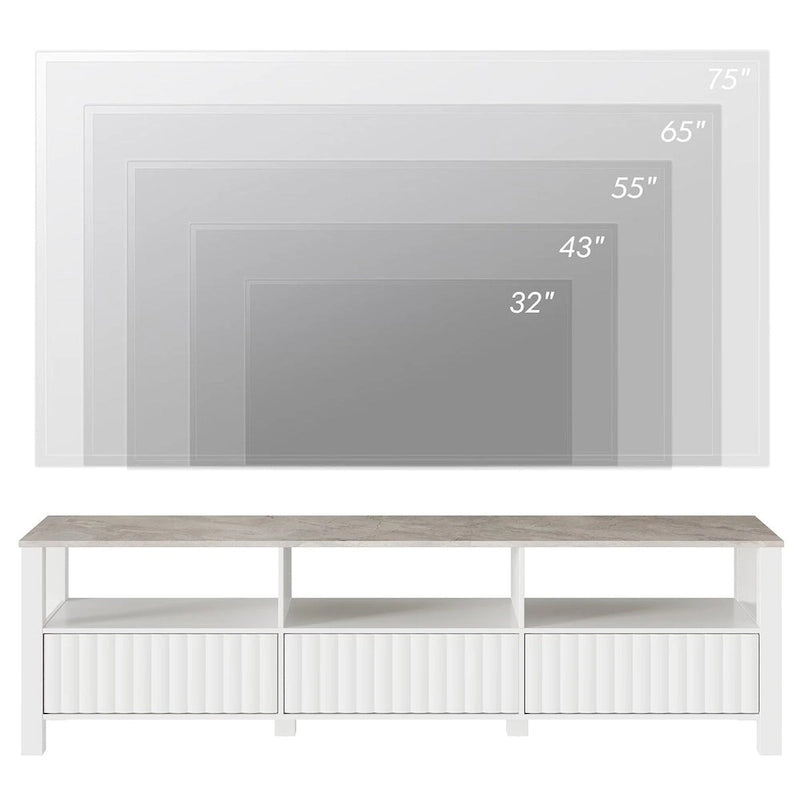 Meuble TV blanc cannelé en bois avec plateau à motif de pierre et lumière LED RGB