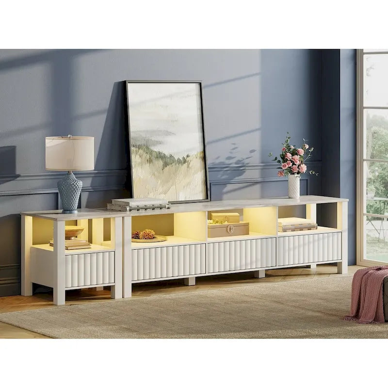 Meuble TV blanc cannelé en bois avec plateau à motif de pierre et lumière LED RGB