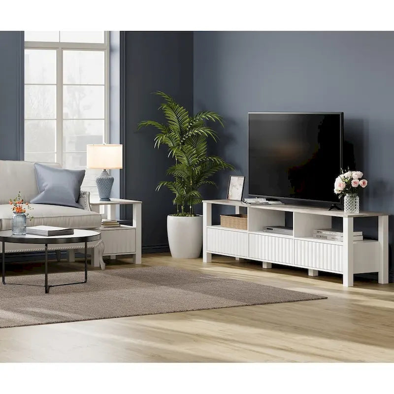 Meuble TV blanc cannelé en bois avec plateau à motif de pierre et lumière LED RGB