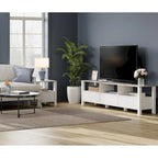 Meuble TV blanc cannelé en bois avec plateau à motif de pierre et lumière LED RGB