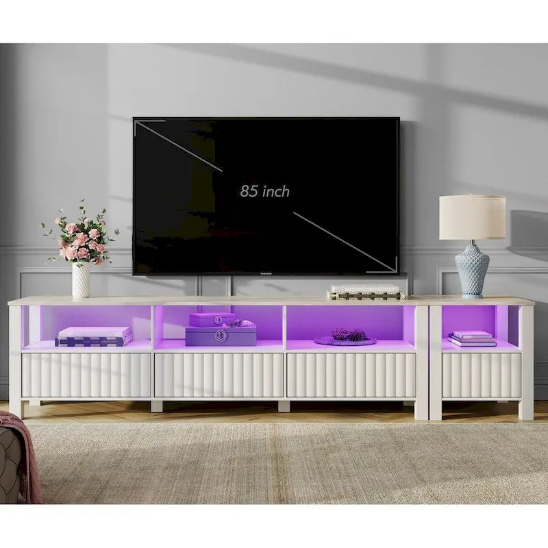 Meuble TV blanc cannelé en bois avec plateau à motif de pierre et lumière LED RGB
