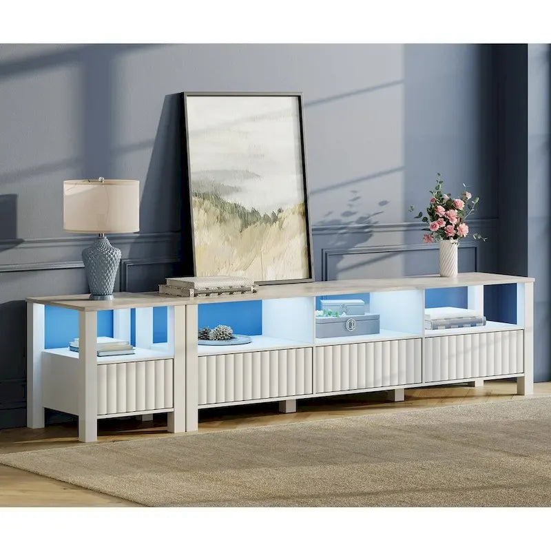Meuble TV blanc cannelé en bois avec plateau à motif de pierre et lumière LED RGB