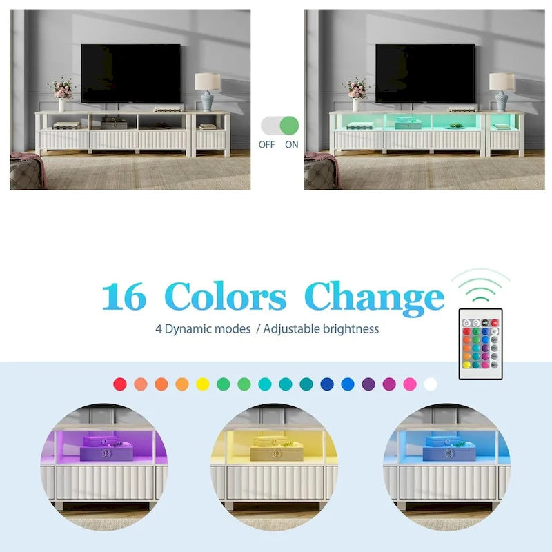 Meuble TV blanc cannelé en bois avec plateau à motif de pierre et lumière LED RGB