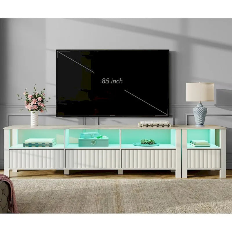 Meuble TV blanc cannelé en bois avec plateau à motif de pierre et lumière LED RGB