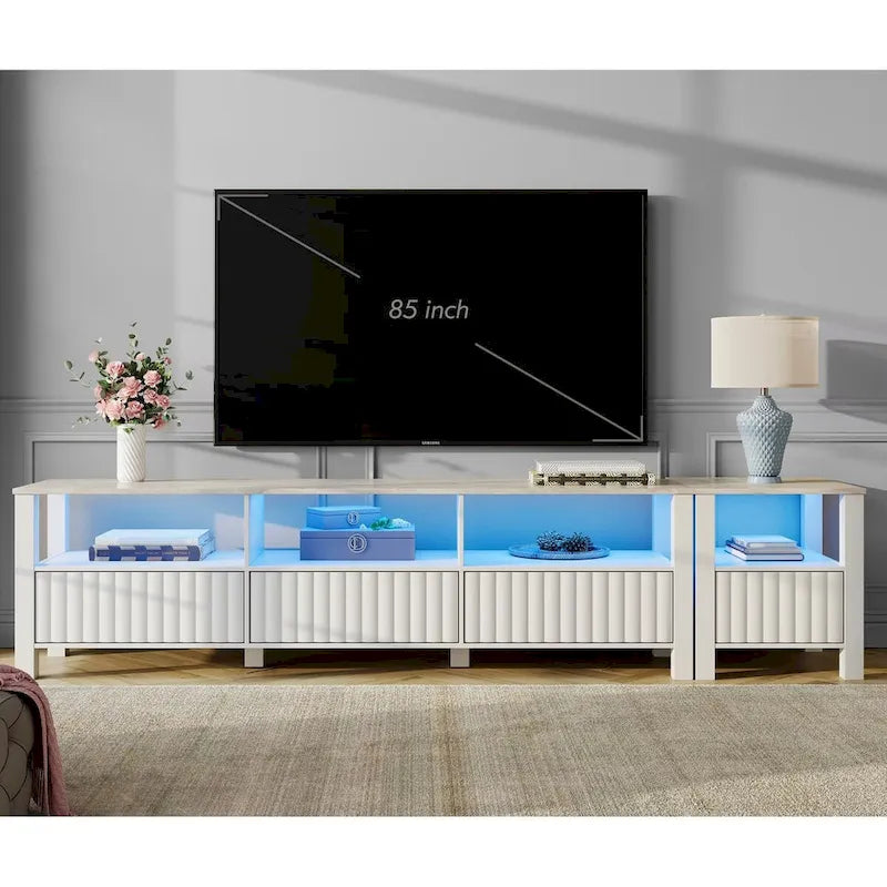 Meuble TV blanc cannelé en bois avec plateau à motif de pierre et lumière LED RGB