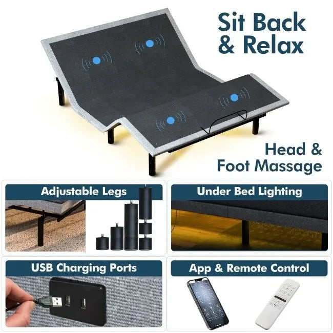 Cadre de lit électrique réglable avec double massage Télécommande sans fil Lumière LED USB