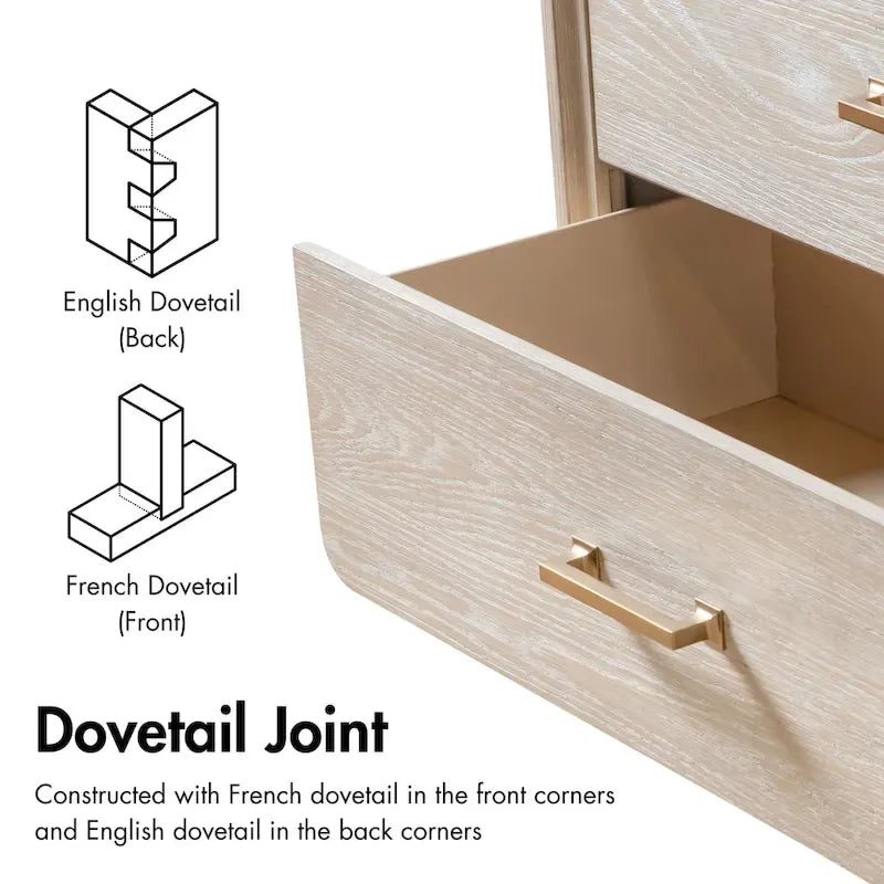 Commode en chêne clair avec pieds en métal doré et tiroirs en cèdre