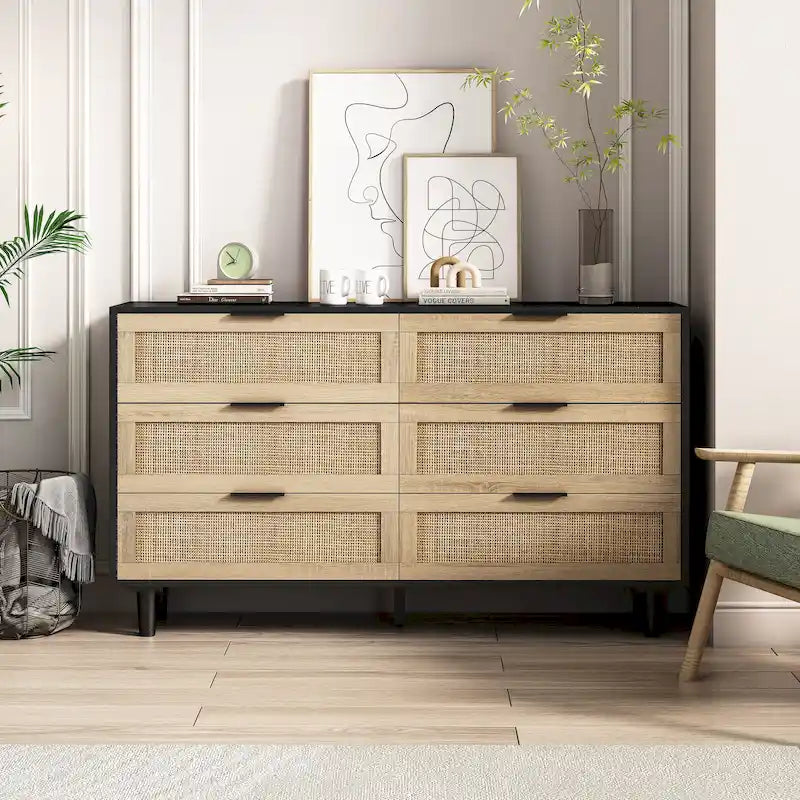 Commode moderne à 6 tiroirs en bois tressé de rotin noir naturel de style bohème