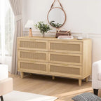 Commode moderne à 6 tiroirs en bois tressé de rotin noir naturel de style bohème
