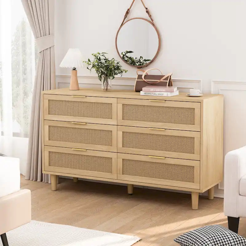 Commode moderne à 6 tiroirs en bois tressé de rotin noir naturel de style bohème