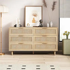 Commode moderne à 6 tiroirs en bois tressé de rotin noir naturel de style bohème