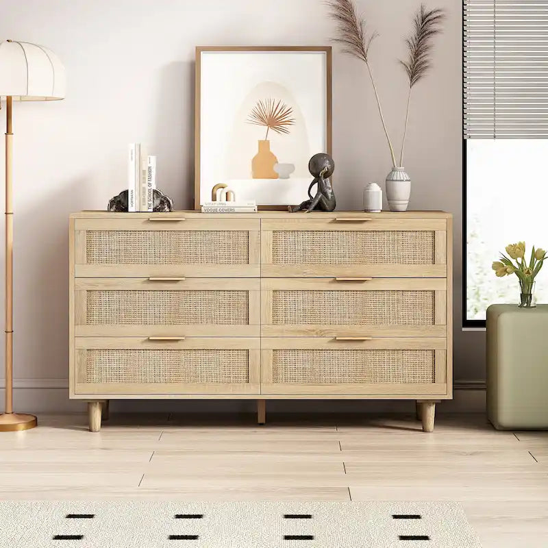 Commode moderne à 6 tiroirs en bois tressé de rotin noir naturel de style bohème