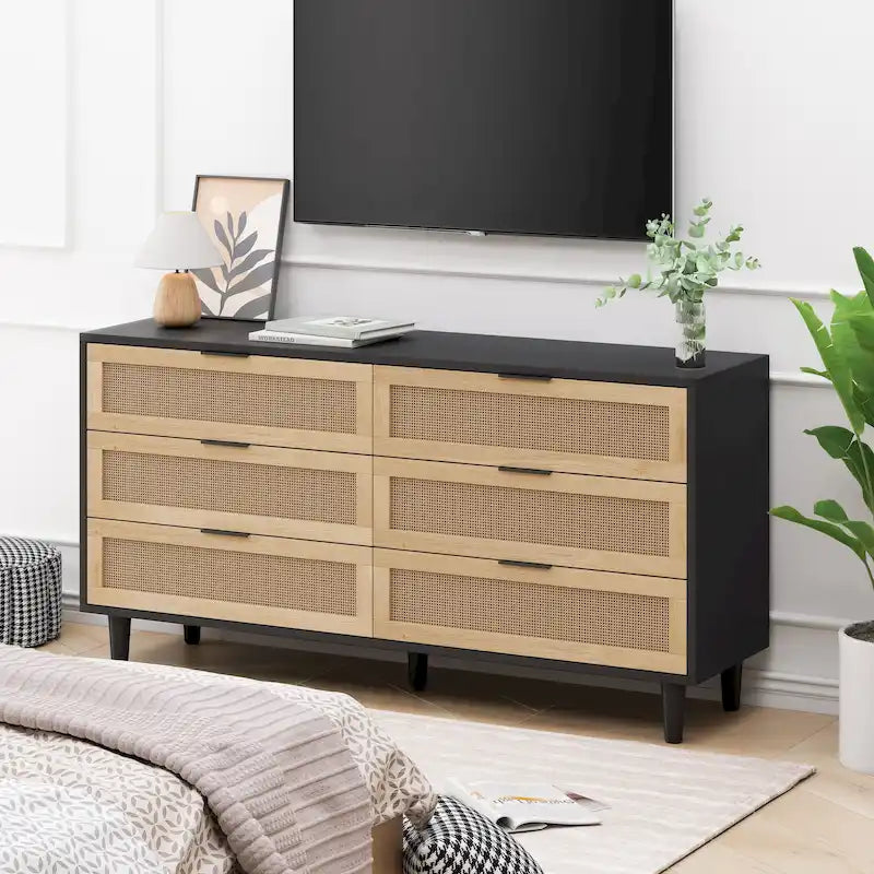 Commode moderne à 6 tiroirs en bois tressé de rotin noir naturel de style bohème