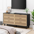 Commode moderne à 6 tiroirs en bois tressé de rotin noir naturel de style bohème