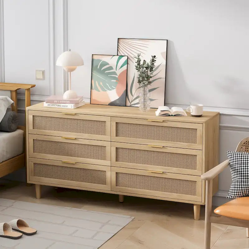 Commode moderne à 6 tiroirs en bois tressé de rotin noir naturel de style bohème