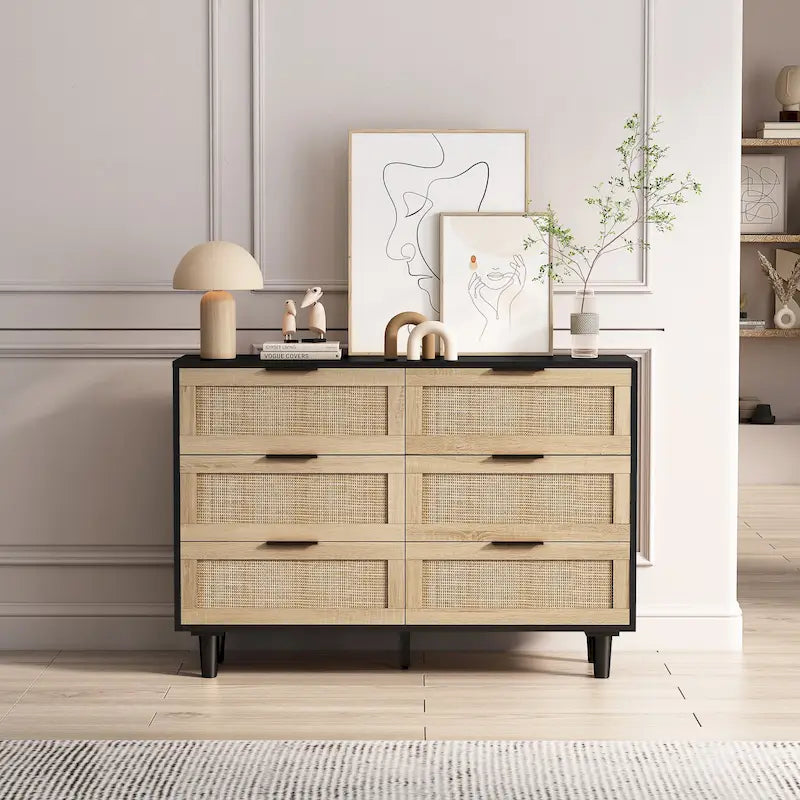 Commode moderne à 6 tiroirs en bois tressé de rotin noir naturel de style bohème