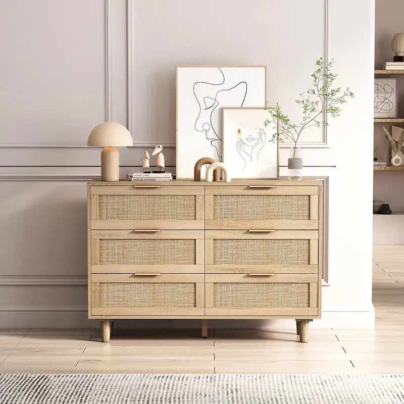 Commode moderne à 6 tiroirs en bois tressé de rotin noir naturel de style bohème