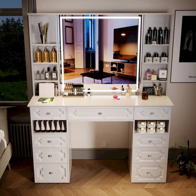 Grande coiffeuse avec miroir lumineux et 9 tiroirs, blanc ou noir