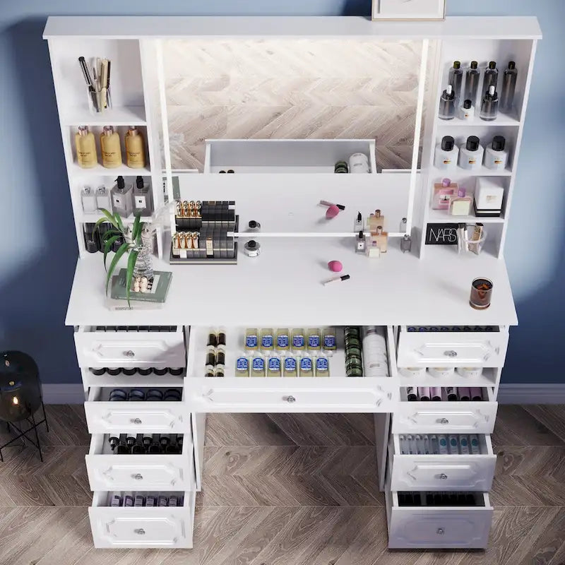 White/ Black Makeup Vanity with Lighted Mirror,Extra Large Vanity Desk with 9 Drawers,European Style Vanities