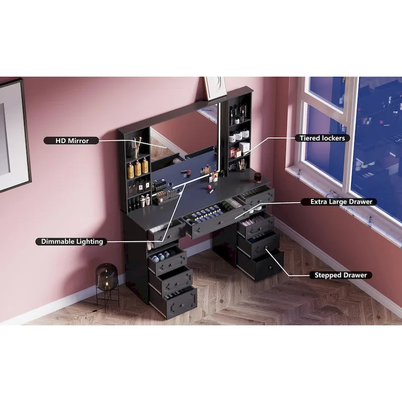 Grande coiffeuse avec miroir lumineux et 9 tiroirs, blanc ou noir