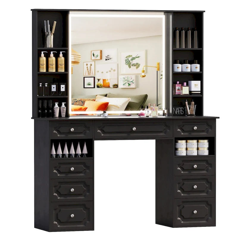 Grande coiffeuse avec miroir lumineux et 9 tiroirs, blanc ou noir