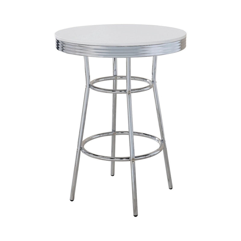 Table haute ronde Laque blanche Tablier nervuré chromé Style rétro du milieu du siècle