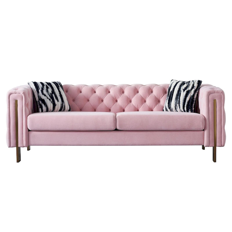 Canapé Chesterfield capitonné en velours avec pieds en métal doré
