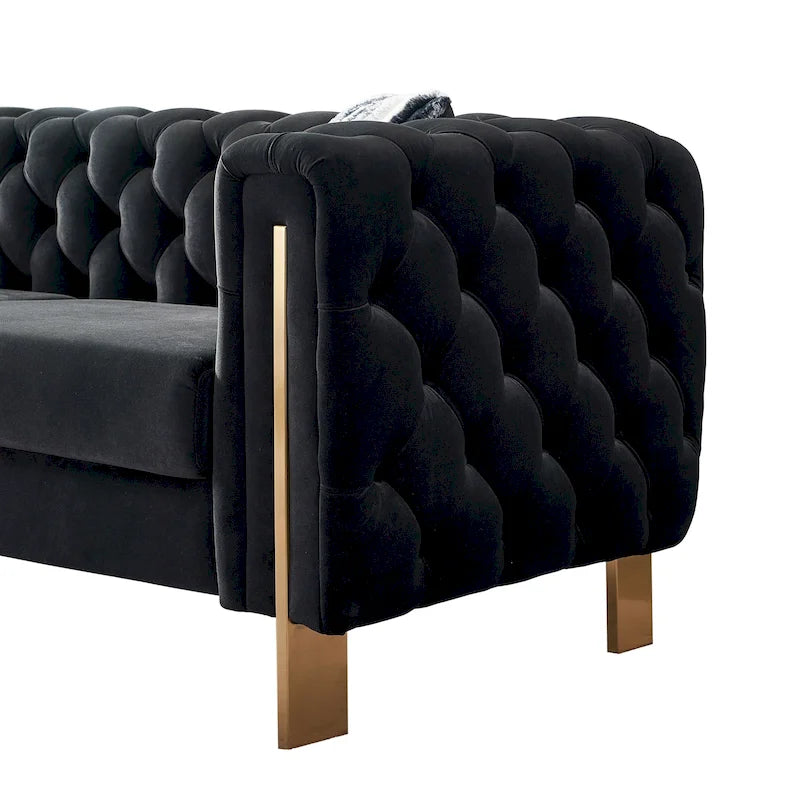 Canapé Chesterfield capitonné en velours avec pieds en métal doré