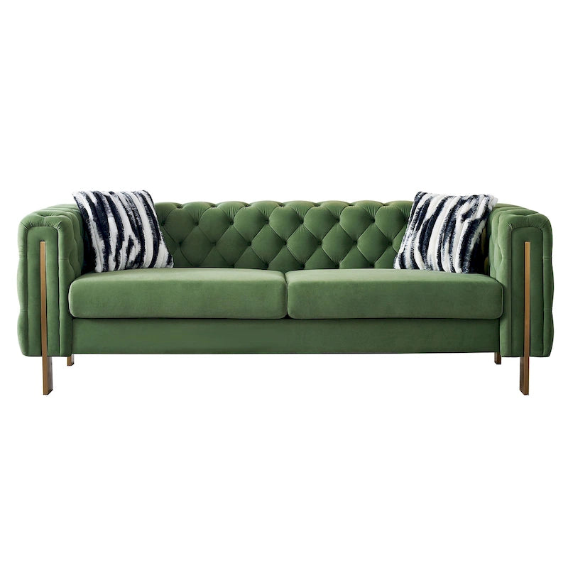 Canapé Chesterfield capitonné en velours avec pieds en métal doré